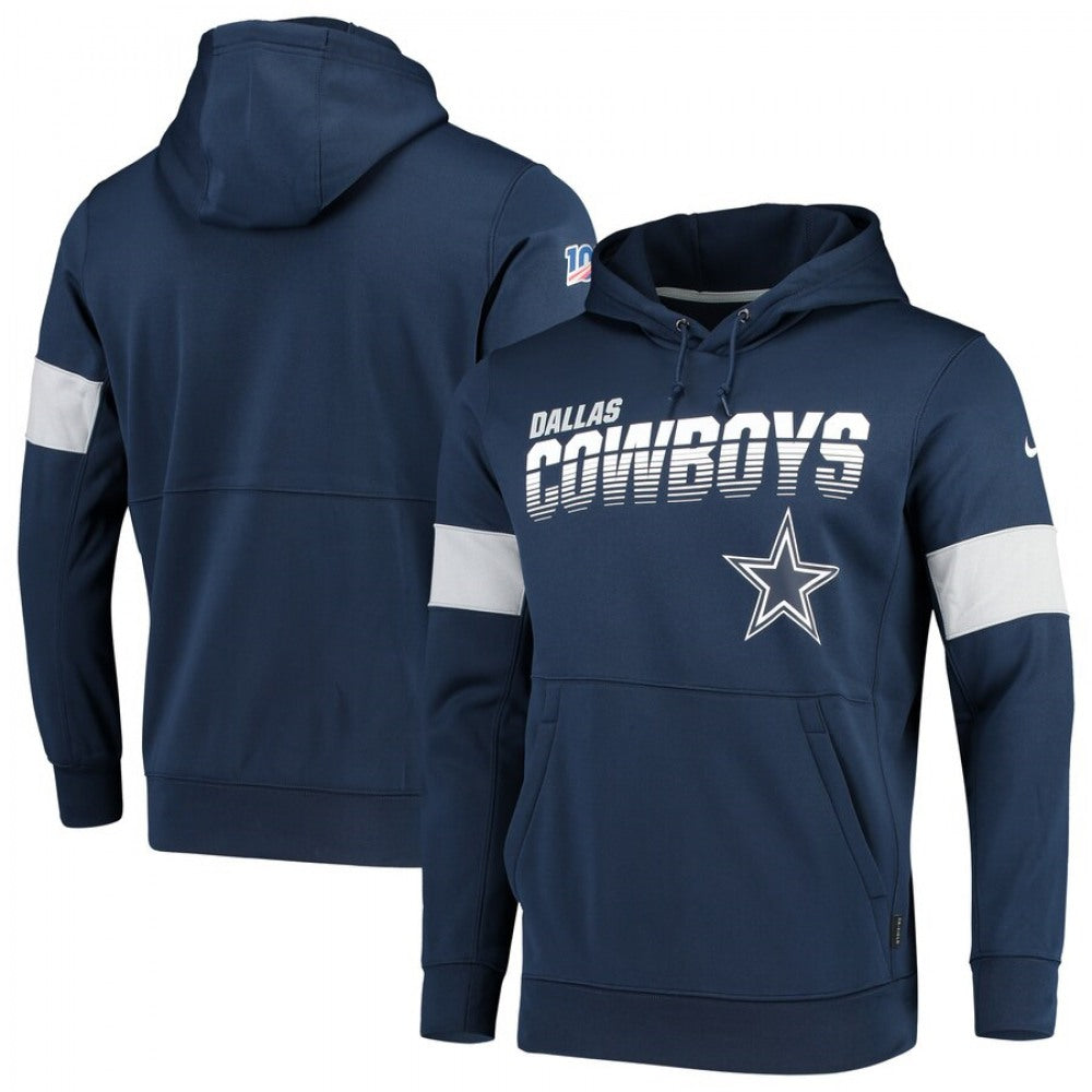 Men's Dallas Cowboys Navy 100th Season Sideline Team Logo Performance Pullover Hoodie