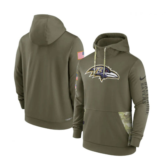 Men's Baltimore Ravens Olive Salute to Service Therma Performance Pullover Hoodie