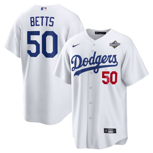 Men's Los Angeles Dodgers #50 Mookie Betts Nike White 2025 World Series Home Player Jersey