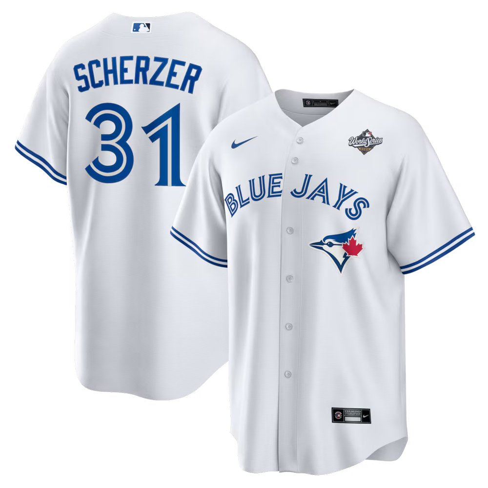 Men's Toronto Blue Jays #31 Max Scherzer Nike White 2025 World Series Home Replica Player Jersey