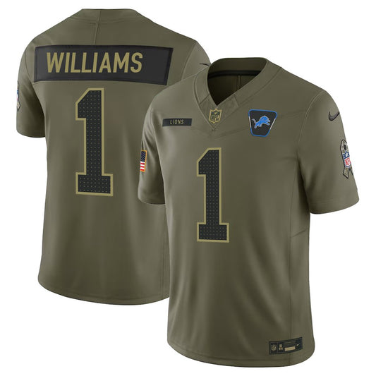 Men's Detroit Lions #1 Jameson Williams Nike Olive 2025 Salute to Service Retired Limited Jersey