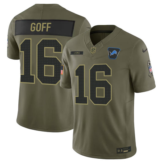 Men's Detroit Lions #16 Jared Goff Nike Olive 2025 Salute to Service Retired Limited Jersey