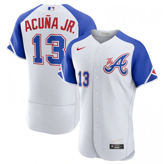 Nike Men's Atlanta Braves #13 Ronald Acuna Jr. White City Connect Replica Jersey