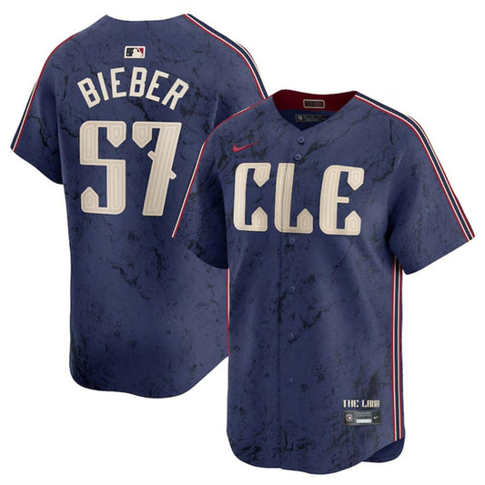Nike Men's Cleveland Guardians #57 Shane Bieber Navy City Connect Jersey