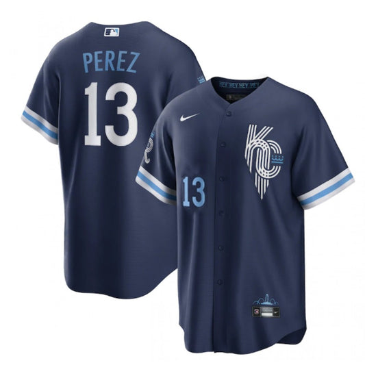 Nike Men's Kansas City Royals #13 Salvador Perez 2022 Navy City Connect Stitched Jersey