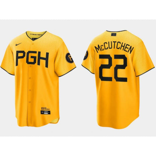 Nike Men's Pittsburgh Pirates #22 Andrew McCutchen Gold 2023 City Connect Stitched Jersey
