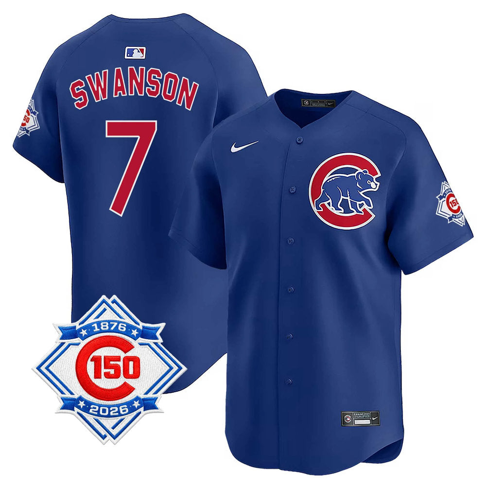 Men's Chicago Cubs #7 Dansby Swanson Royal Nike Alternate Vapor Limited 150th Anniversary Authentic Jersey