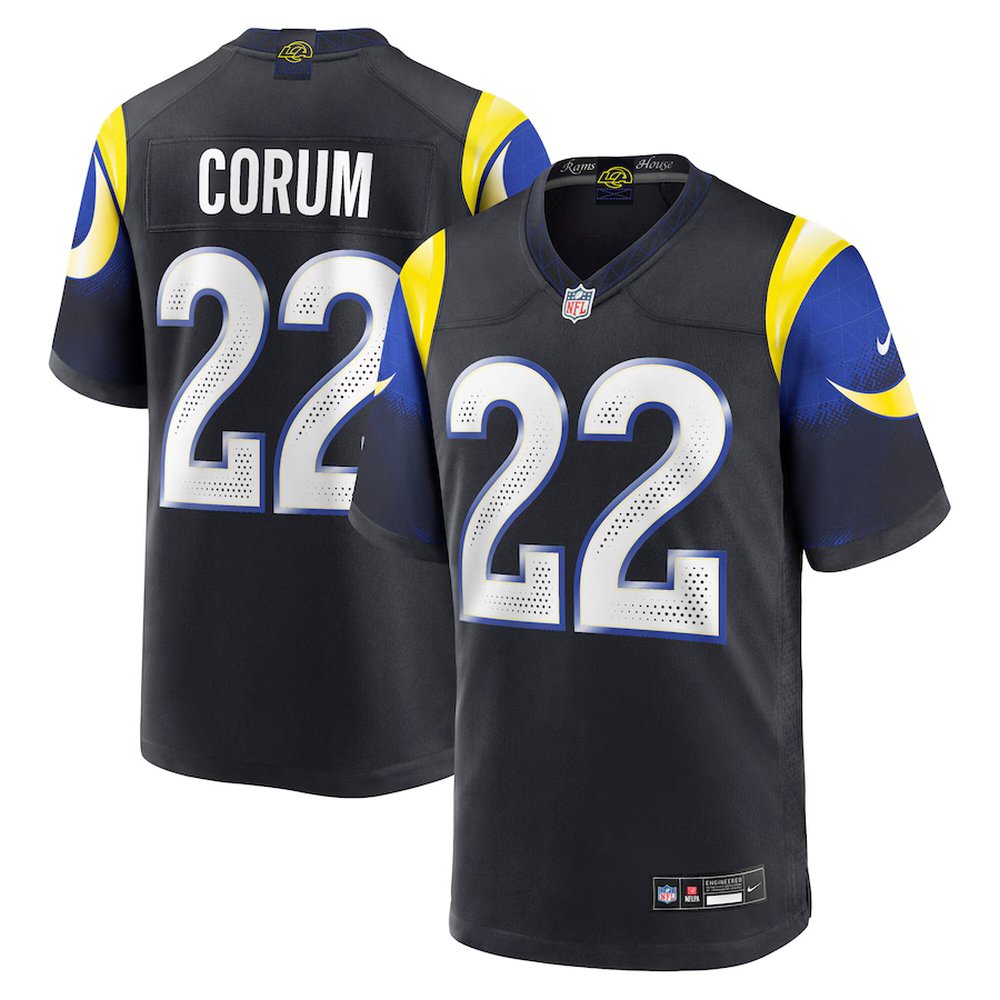 Men's Los Angeles Rams #22 Midnight Blue Corum Black Rivalries Collection Game Jersey
